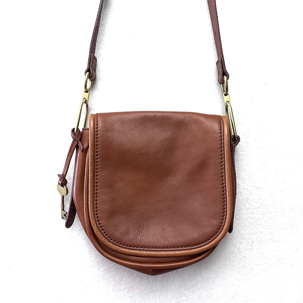 Fossil Rumi Saddle Brown Leather  Crossbody Handbag Key Charm